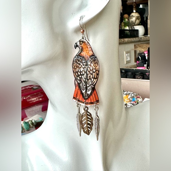 All handpainted red tail hawk earrings OOAK eagles bird of prey original unique - Picture 5 of 6